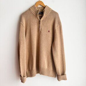 Vintage Polo Ralph Lauren Camel Beige Cotton Quarter Zip Sweater men's XXL